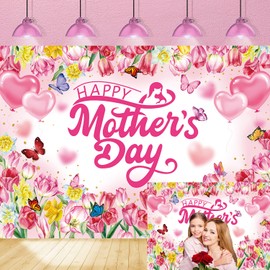 Happy Mother's Day Backdrop Pink Tulip Mother's Day Photography Background Floral Butterfly Mother Festival Banner for Mother's Day Birthday Party Decorations (7x5FT（210x150cm）)