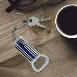 Thin Blue Line American Flag Keychain Rectangle Chrome Plated Metal Bottle Cap Opener