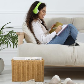 PRETYZOOM Hand-Woven Magazine Holder, Narrow Tall Wicker Magazine Basket, Natural Rattan Magazine Holder, Rectangular Storage Bin for Home, Office(15x6x10'')