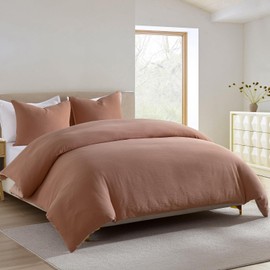 PERHOM Muslin Duvet Cover King, 100% Washed Cotton Duvet Cover Set, Ultra Soft Comforter Cover Linen Like, 3 Pieces Minimalist Gauze Duvet Cover with 2 Pillow Shams, 90"x104", Dusty Red