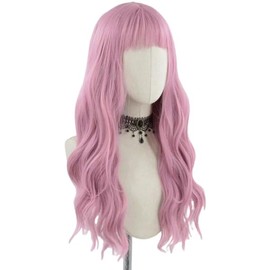 FREE BEAUTY Pink Wig with Bangs for Women Long Pink Wavy Wigs Natural Wigs Natural Looking Heat Resistant Synthetic Wig for Daily Party Use 26 Inch