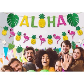 Dusenly Hawaiian Aloha Party Banner Glitter Flamingo Pineapple Tropical Luau Party Supplies Aloha Sign Flag for Summer Beach Pool Decorations
