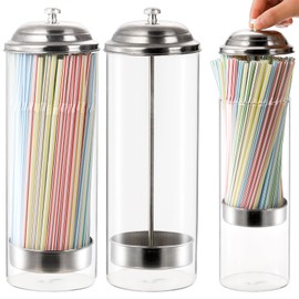 ZEAYEA 2 Pack Glass Straw Dispensers, Clear Straw Holder with Stainless Steel Lid, Drinking Straw Organizer Containers for Store, Restaurant, Bar, Home Kitchen, Countertop