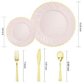 YOUBET 125Pieces Pink Plastic Plates with Gold Rim-Gold Plastic Silverware Include 25 Dinner Plates 25 Dessert Plates 75 Gold Silverwares for Mothers Day Wedding Birthday Valentine & Easter Parties