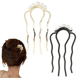 2 Pcs Pearls Twist Hair Pins French Twist Hair Pin Metal Hair Side Combs Pearl Fork Clip Hair Accessories for Wedding Brides Women (B Pearls Hair Pins)