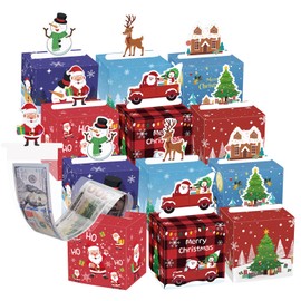 MoKo Christmas Money Box for Cash Gift Pull, 12 Pack Surprise Money Gift Box for Kids Adults with 160 Pcs Transparent Bags, A Fun Way to Give Cash to Girls and Boys, Christmas Decor Ideas,Red and Blue