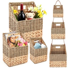 Cinnvoice Set of 3 Wicker Wall Magazine Basket, Magazine Holder Water Hyacinth Storage Baskets for Mail, Files, Books & Accessories Wall-mounted Organizer for Door Home, Office Organization