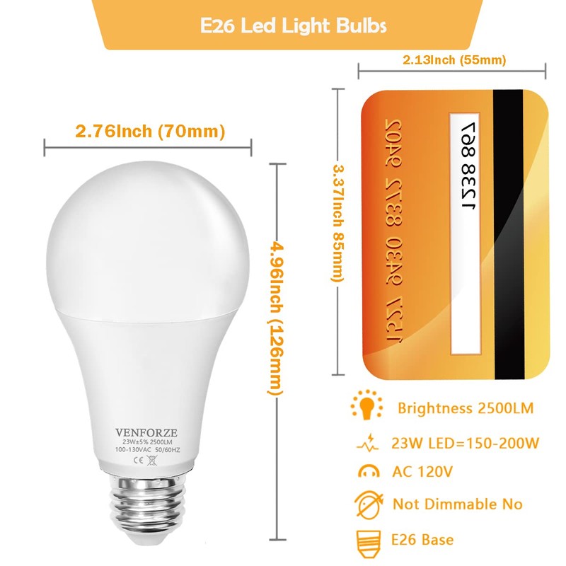 Venforze Bright Light Bulb,150w-200w Equivalent 2500LM E26 Led Bulb 23W