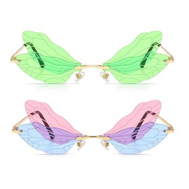 Dragonfly Wing Shape Sunglasses for Women/Men Frameless Irregular Glasses Shades Party Sun Glasses, Purple/Blue+green, One Size