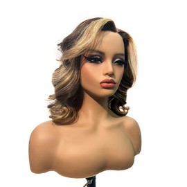 Brown With Blonde Highlight Loose Wave Lace Front Wigs Human Hair 4x4 HD 180% Density Glueless Body Wave Bob Wig Human Hair Pre Plucked with Baby Hair Short Bob Wigs for Women T4/12# Color 16 Inch ﻿