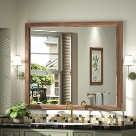 SMIROR 40 x 36 Inch Rustic Bathroom Mirror for Over Sink, Brown Walnut Metal Framed Farmhouse Rectangle Vanity Mirrors for Wall, Wooden Grain, Thick Frame, (Horizontally/Vertically)