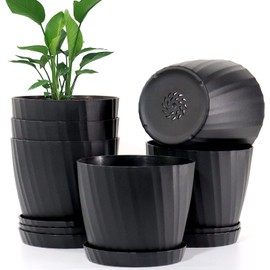 UOUZ - Macetas de 6 pulgadas a granel, paquete de 6 macetas de plástico con agujeros de drenaje y platillos para plantas y flores de interior y exterior, color negro