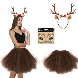 Jiahuade Jiahuade Karneval Kostüm Damen Rentier,Rentier Geweih Haarreifen,Haarreif Reh Geweih,Haarreif Rentier mit Tüllrock,Haarreifen Fasching Damen,Bambi Reh Kostüm