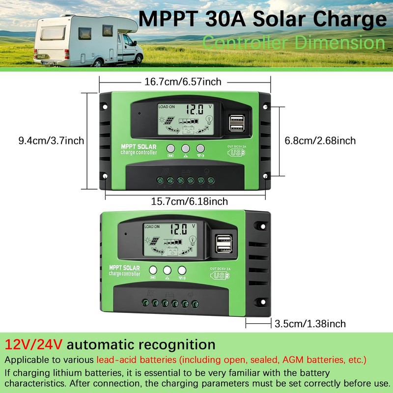 30A MPPT Solar Panel Controller 12V/24V Auto Tracking Solar Regulator