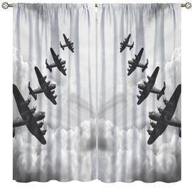 wlsgdsg Airplane Blackout Curtains for Bedroom Decor, Grey Vintage Fighter in The Sky Retro Pattern Window Treatments, Rod Pocket Drapes for Man Cave Boys Teens Room, 42x45in