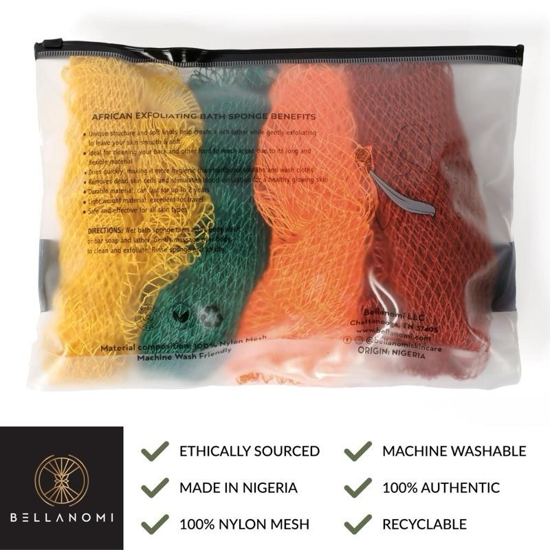 Bellanomi 4 Piece African Exfoliating Net Sponge Bundle, Ethically Sourced