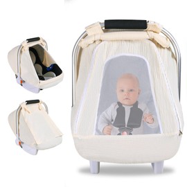 Muslin Car Seat Covers for Babies, Breathable Baby Car Seat Cover for Boys Girls,Infant Carseat Canopy with Mesh Peep Window,Carrier Cover with Privacy Sun Shade,Baby Stroller Weather Shields(Beige-1)
