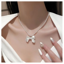 Bow Necklace for Women Gold Bow Necklace Silver Bow Necklace Pearl Bow Necklace White Bow Necklace Pearl Beaded Necklace Wedding Bow Necklace Jewelry for Women (White)