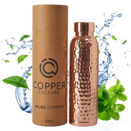 100% Pure Copper Water Bottle for Drinking Water – 34 oz (1000ml) Hammered Finish with Leak-Proof Lid | Copper Vessel for Yoga, Gym, Office, Home & Travel