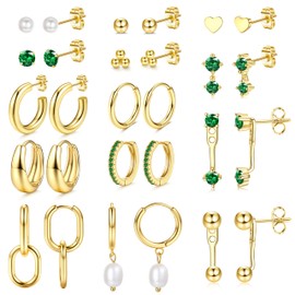 Small Gold Hoop Earrings Set for Women - 14K Gold Plated Hypoallergenic Lightweight Chunky Open Huggie Hoops Dainty Cartilage Stud Hoop Earring Stacks for Multiple Piercing(14K Gold Plated-Green CZ)