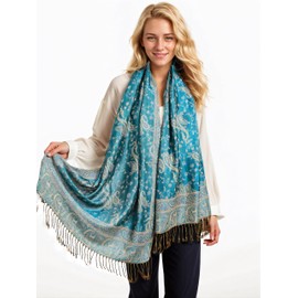 Achillea Soft Silky Reversible Paisley Pashmina Shawl Wrap Scarf w/Fringes (Teal 2)
