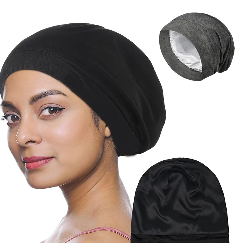 NIYATA 2 Pcs Sleep Cap Black Grey Mulberry Silk Bonnet