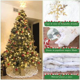 INGEQUIS Falda para Arbol de Navidad de 90cm, Piel Sintética Suave y Grueso con Lentejuelas de Copo de Nieve Dorados, Vestido para Decorar Árbol de Navidad, Decoración Navideña