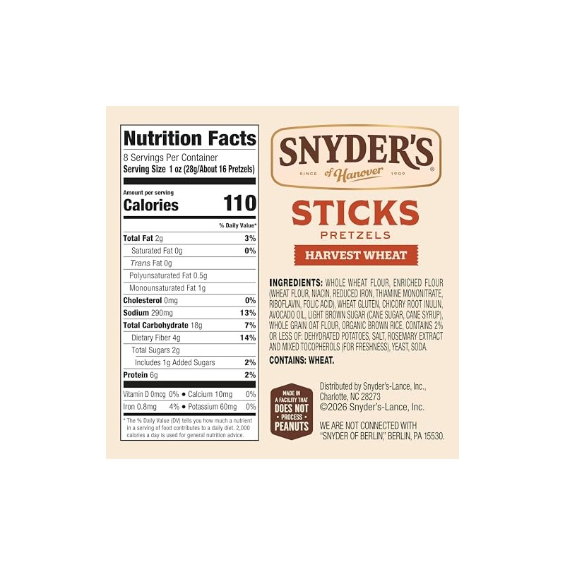 Snyder's of Hanover Harvest Wheat Pretzels Sticks, 8 Oz Bag