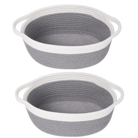 QFLQFL 2 Pack Small Woven Storage Basket with Handles 12"x8"x5", Decorative Rope Bin for Home Organization,Cat & Dog Toys, Shelf Storage,Cotton Rope Room Shelf Storage Basket with Handles