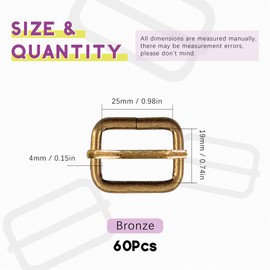 Swpeet 60Pcs 1 Inch / 25mm Bronze Heavy Duty Metal Rings Metal Rectangle Adjuster Triglides Slides Buckle, Roller Pin Buckles Slider Strap Adjuster Keychains for Belt Bags DIY Accessories