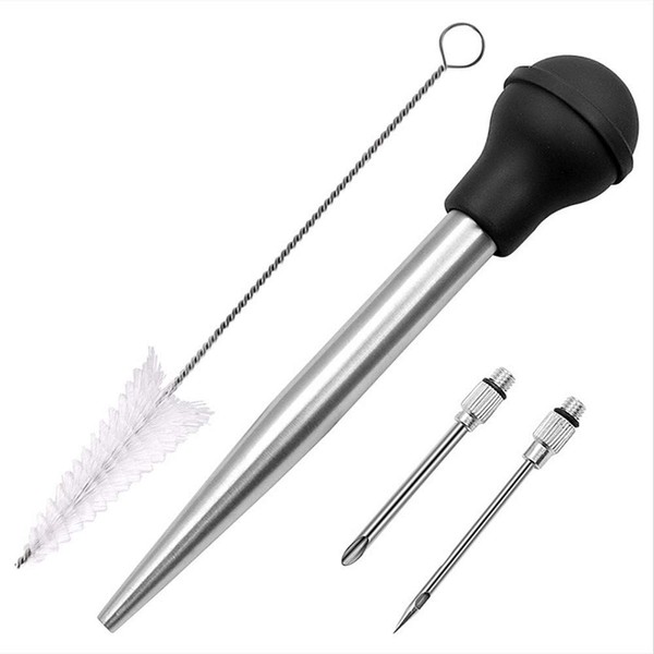 Turkey Baster Kit Marinade Injector Food Syringe Meat Syringe Commerical Grade Quality FDA Rubber Bulb Including Marinade Injector Needle and Brush for Turkey Beef Steak BBQ (Black, Stainless Steel)