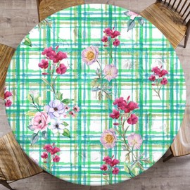 Britown Green Plaid Round Fitted Tablecloth with Elastic Edge, Flower Vintage Leaf Floral Waterproof Table Cover, Indoor Outdoor Table Cloth for Kitchen Dinner, Outdoor, Picnic, 45''-54''