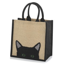 Jute Black Trim Shopping Bag - Peek a Boo Cat - 30 cm high x 30 cm Wide x 20 cm Depth (Medium)