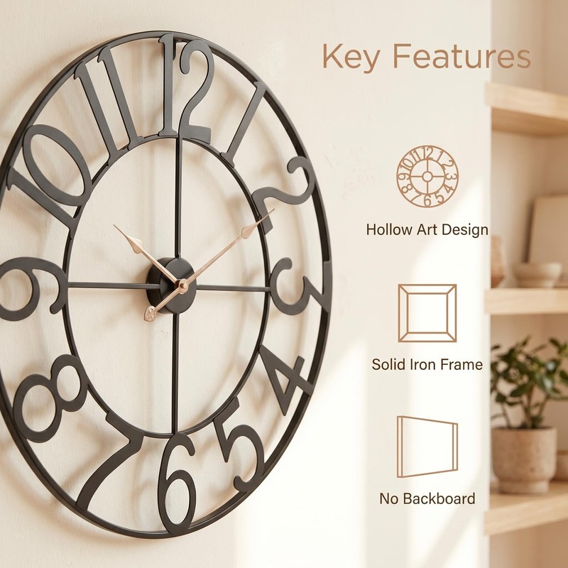 AMAATE Black Gold Cutout Numeral Metal Wall Clock Modern Industrial