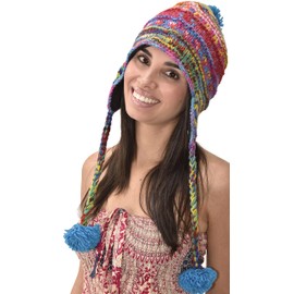 Hand Knitted 100% Merino Wool Ear Flap Snowboard Ski Chullo Peruvian Style Nepal Himalayan Sherpa Earflap Fleece Lined Winter Beanie Hat Rainbow