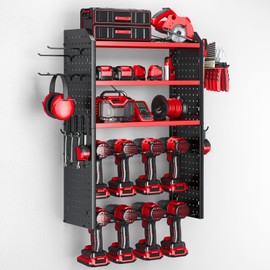 KAFAHOM Power Tool Organizer, Large 8 Drill Holder Wall Mount with 2 Side Pegboards,5 Layer Heavy Duty Metal Tool Storage Rack, Tool Shelf for Garage Organization, Utility Battery Shelves - Red