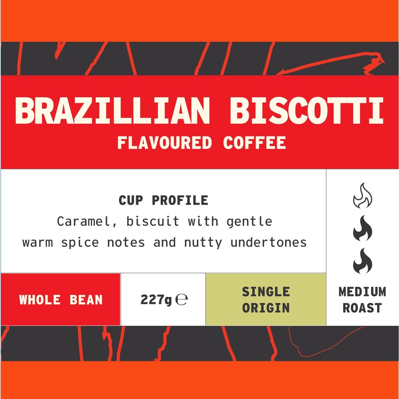 Coffee Beans 227g Bag, Whole Bean Coffee, Brazilian Biscotti Flavoured