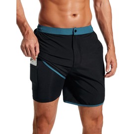 SILKWORLD Mens Swim Trunks Front Zipper Fly Quick Dry Beach Shorts with Compression Liner and Back Zipper Pockets, Black, XX-Large