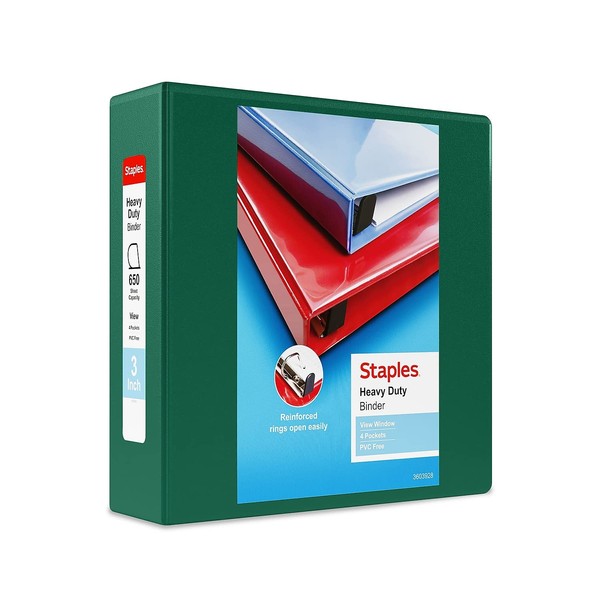 Staples 976065 3-Inch Staples Heavy-Duty View Binders with D-Rings Green