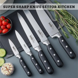 Kitchen Knives Set with Block & Cutting Board, 7 Pieces Super Sharp Stainless Steel Knife Set with Ergonomic Handles, Knife Block Set with for Kitchen Home Essentials,Gifts for Girls Women (Black)