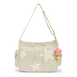 OPLERT Star Tote Hobo Bag for Women Large Cord Crossbody Bag Y2K Cute Tote Bags Aesthetic Messenger Handbag, beige
