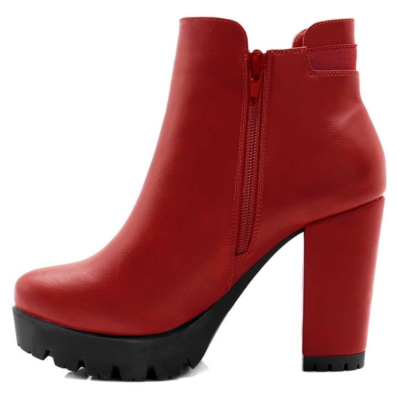 Allegra K Women Chunky High Heel Platform Zipper Red Chelsea