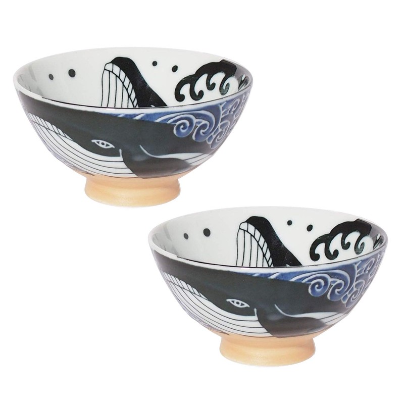 Minoru Touki White Wave Whale Blue Ceramic Rice Bowl Small