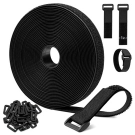 26ft Cut-to-Length Cable Straps 1in Wide with 20pcs Plastic Buckles, Adjustable Cinch Strap Free Cutting, Reusable Hook and Loop Straps for Fastening Cable Ties, Cord Straps, Wire Management