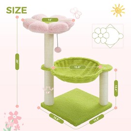 Pink Soft Cozy Cats Tree Tower 28 inches, Flower Natural Sisal Scratching Post with Replaceable Pompom, Large Hammock Plush Indoor Pet Home Cattree