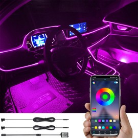 TABEN Car Ambient Lighting Kit - 3 m Fibre Optic 64 Colours, Bluetooth App Control, USB Atmosphere Light, DIY 16 Million RGB Multicoloured Sound Music Sync Interior Lighting DC 12 V