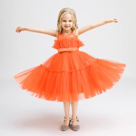 Puffy Tulle Toddler Girls Formal Dress First Birthday Party Baptism Bridesmaid Wedding Flower Girls Dress 12-24 Months Orange