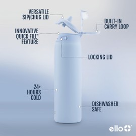 Ello - Pop & Fill - Botella de agua de acero inoxidable con tecnología QuickFill - Doble pared y aislamiento al vacío, tapa con bloqueo a prueba de fugas, reutilizable, sin BPA - 650 ml, azul halógeno
