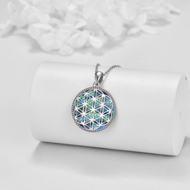 JERWLI Flower of Life Necklace 925 Sterling Silver Abalone Shell Flower of Life Pendant Jewellery for Women Girls Gifts, Sterling Silver
