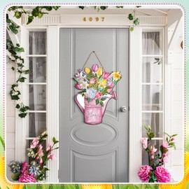 Spring Door Hanger for Front Door Decoration Spring Wreaths Sign Flower Bloom Rustic Welcome (Style 1, 30 * 24.5CM)